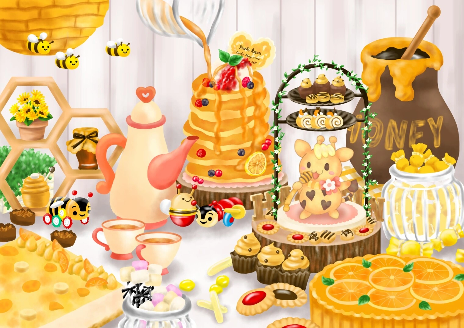 LINEスタンプ「はちきりん」— 蜂蜜のお菓子とミツバチに囲まれたはちきりんのイラスト